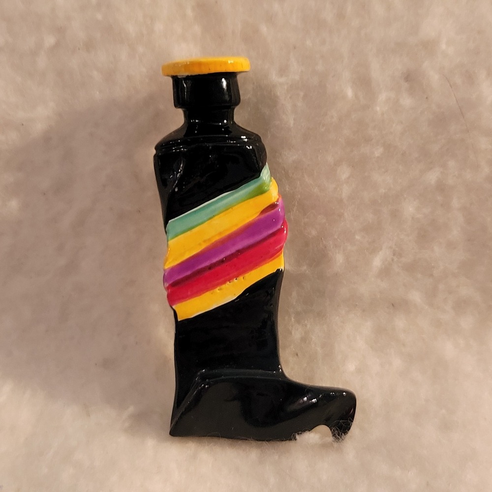 Vintage Unbranded Enamel Black Striped Mystery Tube Of Paint? Shaped Brooch